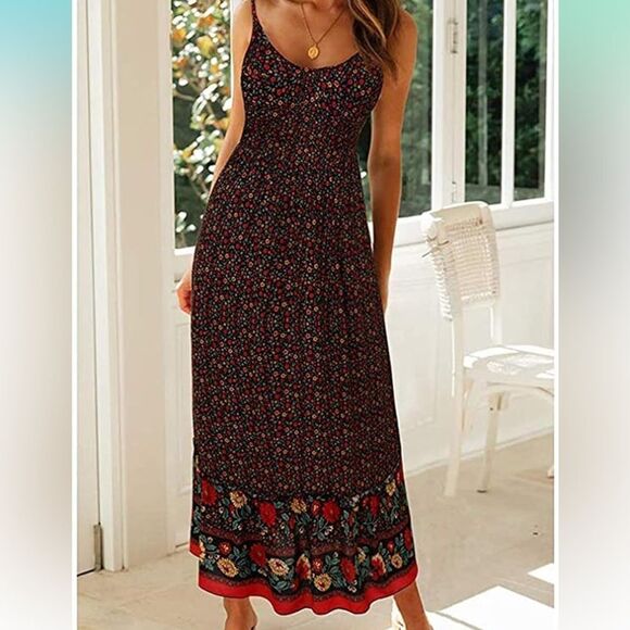 Angashion Floral Adjustable Spaghetti Strap smocked  V Neck Boho Maxi Dress  M - Picture 7 of 16